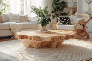 Contemporary bohemian living room with natural wood coffee table and potted plant