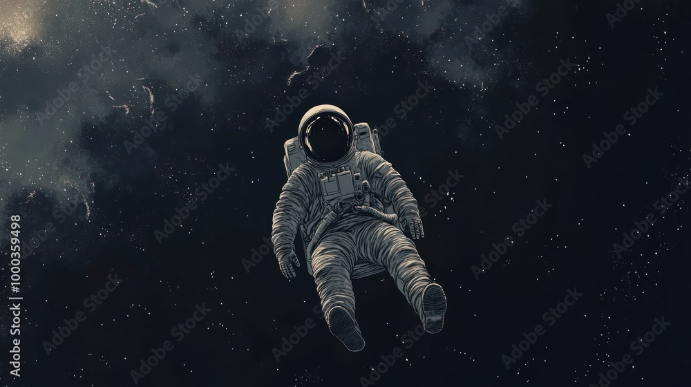Poster an astronaut floating in space against a backdrop of stars and nebulous clouds.