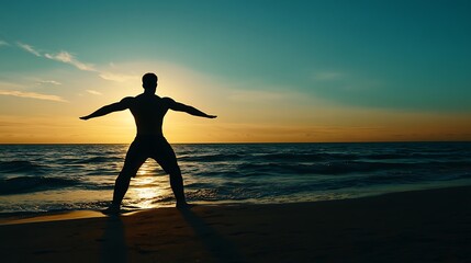 Fototapeta premium Silhouette of a man standing on a beach with arms outstretched, facing the sunset.