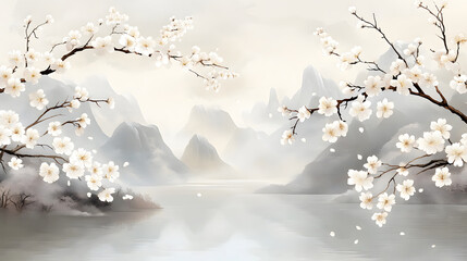 Serene Landscape with White Blossoms and Misty Mountains