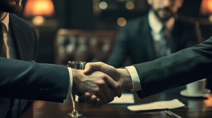 Two Men in Suits Shaking Hands Over a Table