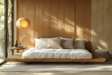 3D rendering of a wooden slat wall background in a bedroom interior mock-up with a minimal bed and table lamp on a light-colored floor, closeup. Scandinavian home decor concept.