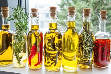 Infused olive oils with herbs and spices in glass bottles on a sunlit window sill
