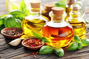 Exquisite olive oil selection with aromatic herbs and spices on rustic wooden table