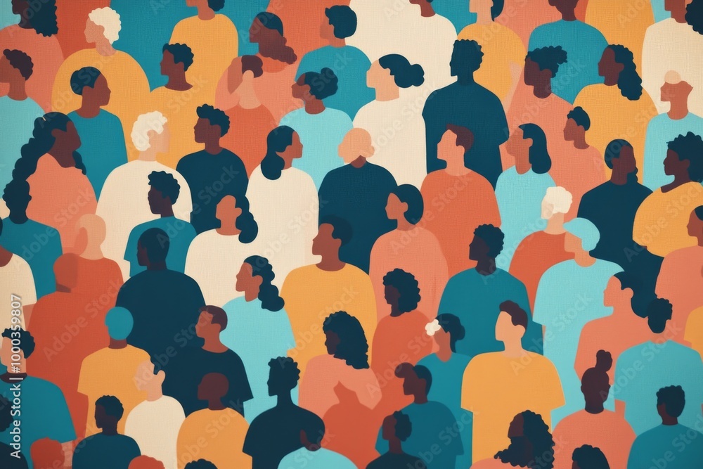 Poster abstract crowd of diverse individuals in muted tones symbolizing community unity and social interact