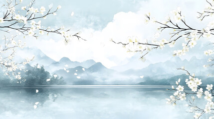 Serene Landscape with White Blossoms and Misty Mountains