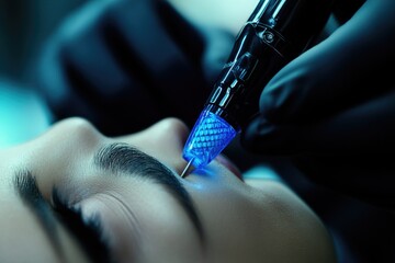 Innovative close-up of glowing tattoo machine during microblading procedure