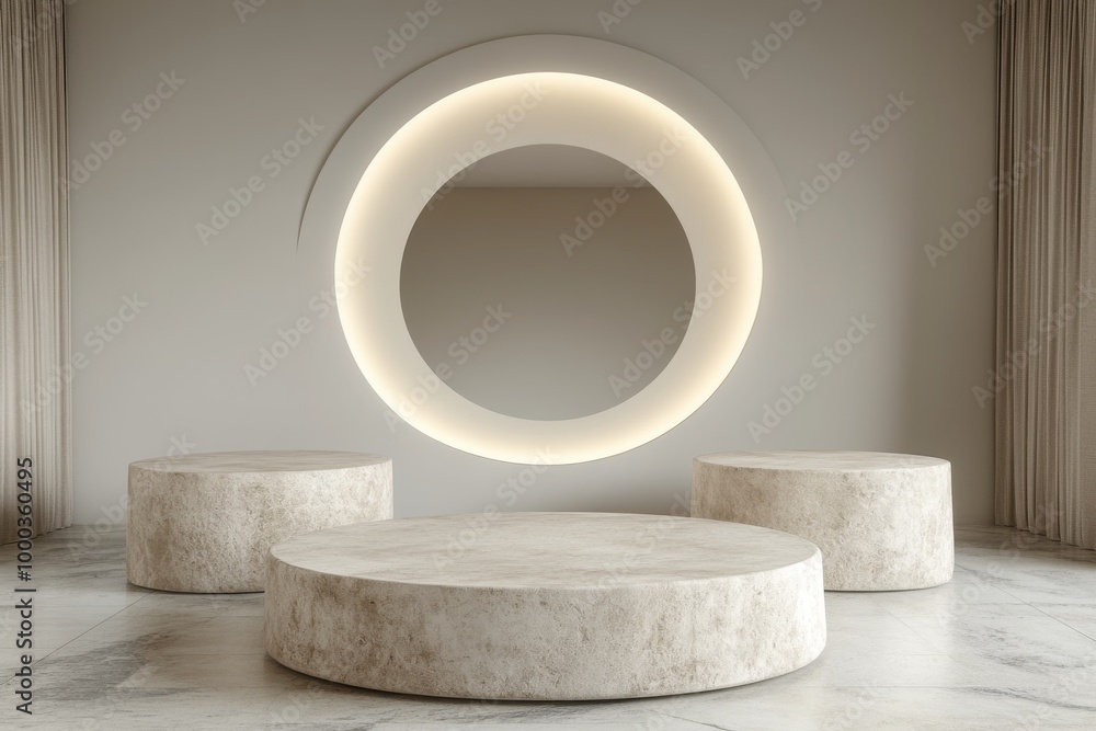 Poster minimalist stone platforms arranged in front of a modern circular light symbolizing balance structur
