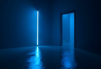 A futuristic setting featuring blue neon light cutting through a black environment, casting sharp shadows create with ai