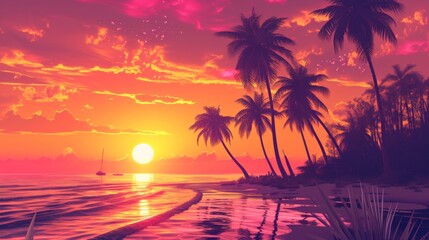Stunning Tropical Sunset with Palm Trees and Ocean