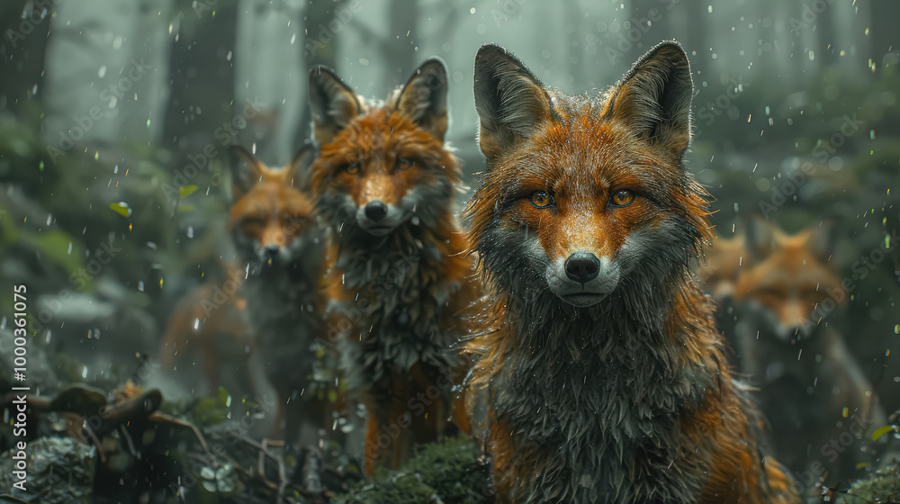 Poster three foxes are standing in a forest, with one of them looking directly at the camera. the scene is 