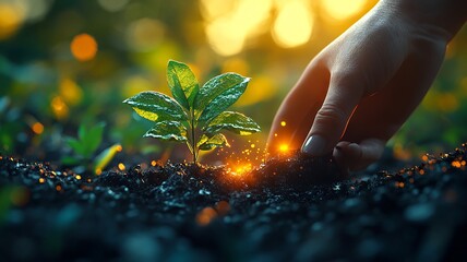Fototapeta premium A Hand Planting a Seedling at Sunset
