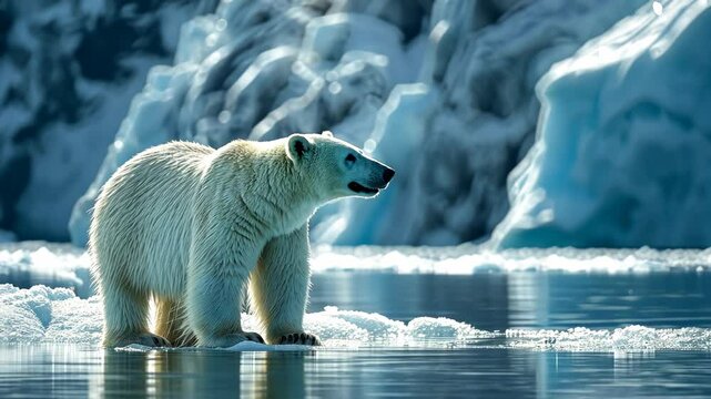 A polar bear gracefully navigates through the shimmering waters of the Arctic, surrounded by majestic ice formations