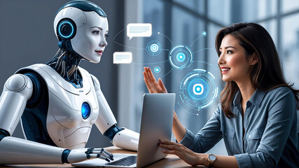 ChatGPT powered by AI, its interface sleek and modern, engages a woman at her laptop captures the intricate details of the sophisticated technology at play.