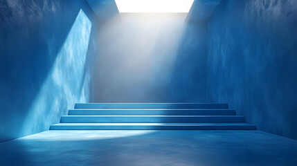 Obraz premium Serenity in Blue: Sunlit Room with Potted Plant and Large Window Casting Soft Shadows