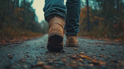 Serene Stroll Through Rustic Alabama - Person Walking in Weathered Boots Along Dimly Lit Paved Road