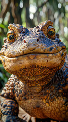 Fototapeta premium Large brown and black frog with yellow eyes is staring at the camera. The frog has a very expressive face and seems to be smiling