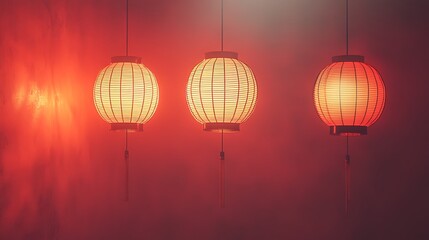 Obraz premium Three Red Chinese Lanterns Hanging on a Red Wall with a Warm Glow