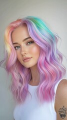 Naklejka premium Photo of an attractive woman with pastel rainbow hair. Her hair is styled in...