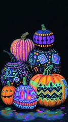 Pumpkins with intricate patterns, vibrant neon colors, and a spooky black...