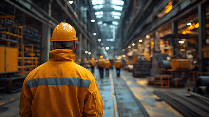 Industrial Worker in Reflective Gear Walking Through a Rain-Soaked Factory at Dusk