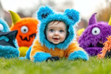 Adorable Baby in Colorful Monster Costume Surrounded by Plush Monsters - Perfect for Halloween Marketing and Children's Costume Promotions