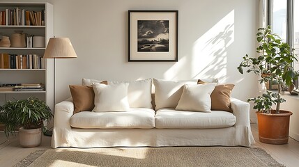 Bright Living Room with Modern Bookshelf and Stylish Electric Lamp photo
