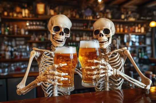 Two skeletons holding beer glasses in front of a bar.
