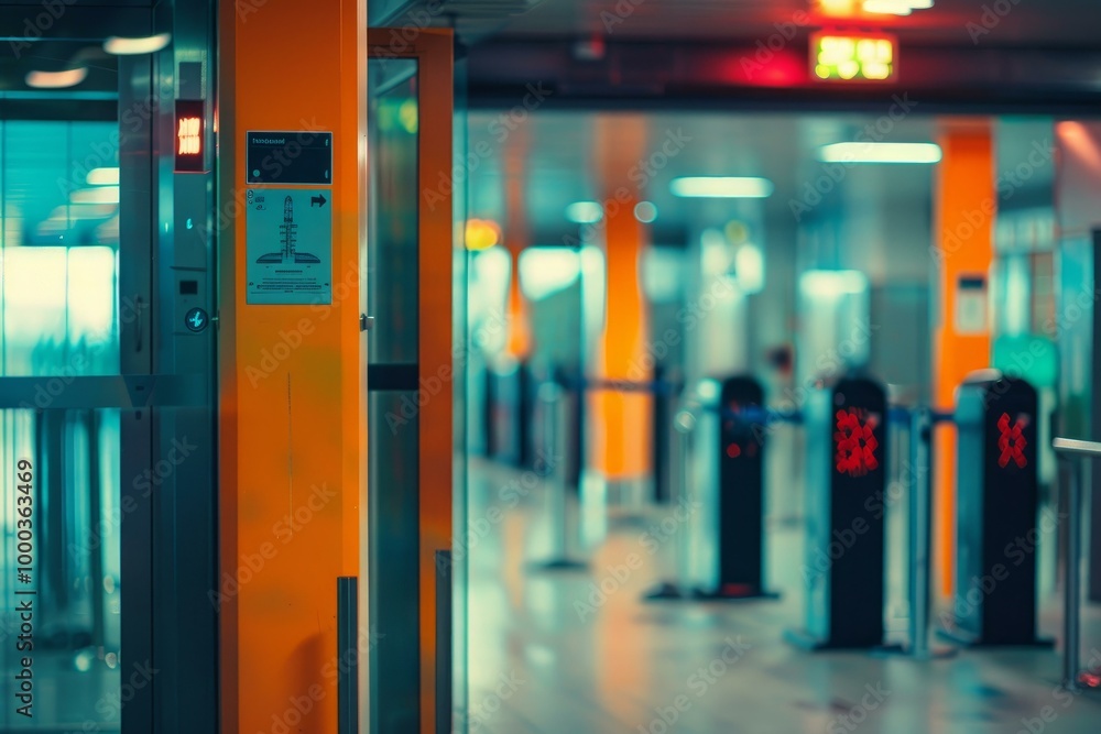 Poster modern airport terminal with an elevator in the foreground and a security checkpoint in the backgrou