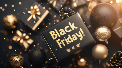 Get ready for Black Friday! This festive illustration shows a black gift box filled with decorations, with gold lettering announcing a sale. Perfect for Christmas and New Year's designs.