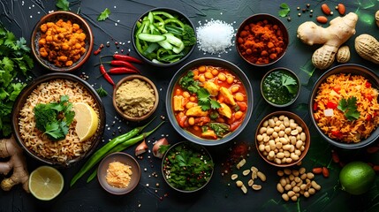Indian vegetarian dishes with rice, curry, vegetables, and spices on a dark background. Flat lay composition for restaurant menus, food blogs, and recipe websites.