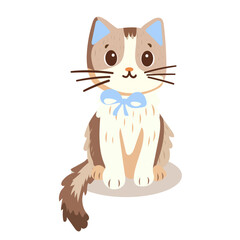 Vector illustration, cute kitten, sitting fluffy, bow, paws, isolated, flat