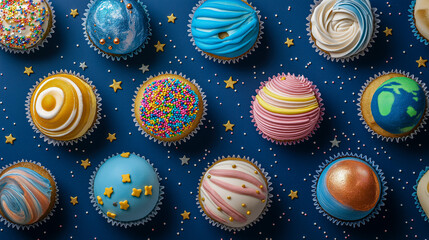 Whimsical Arrangement of Cupcakes Decorated to Resemble Planets in Our Solar System, Each Featuring Unique Toppings and Colors Against a Deep Navy Blue Background with Edible Star Sprinkles
