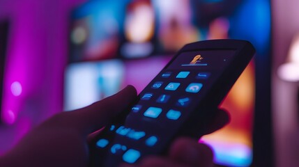 A close-up of someone holding a remote control in front of their television