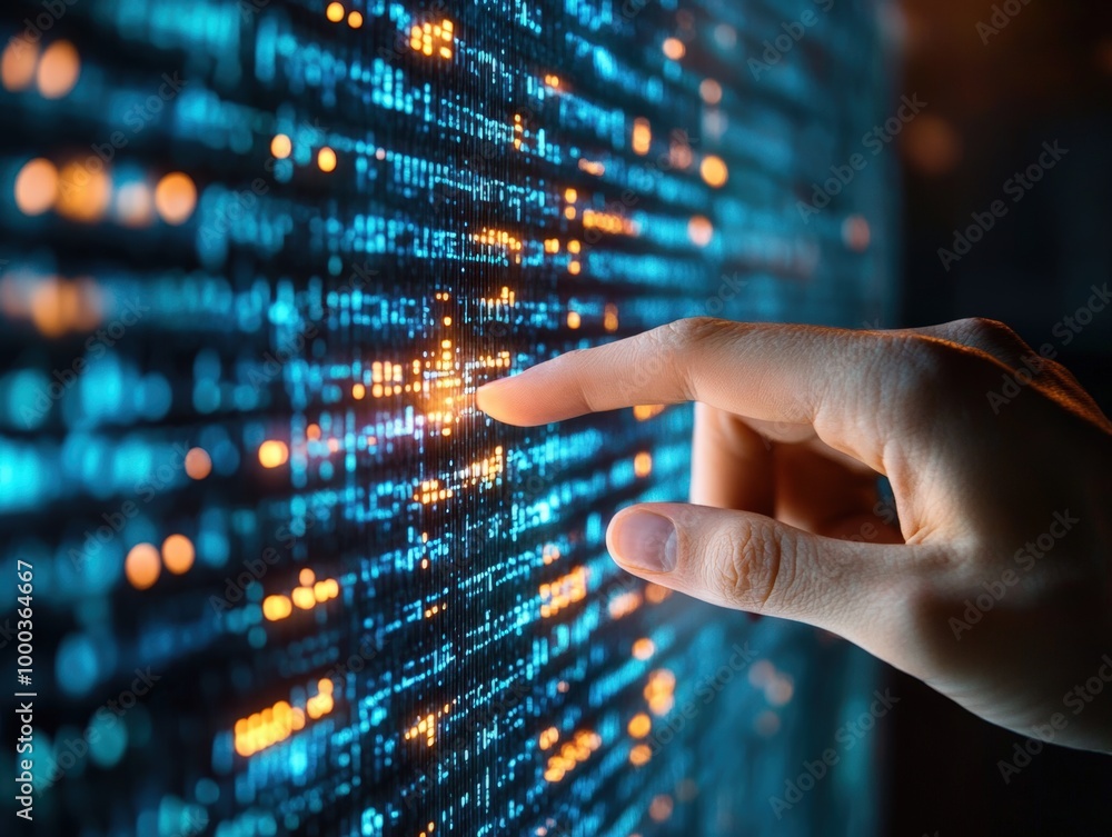 Poster person interacting with glowing digital interface featuring flowing data patterns