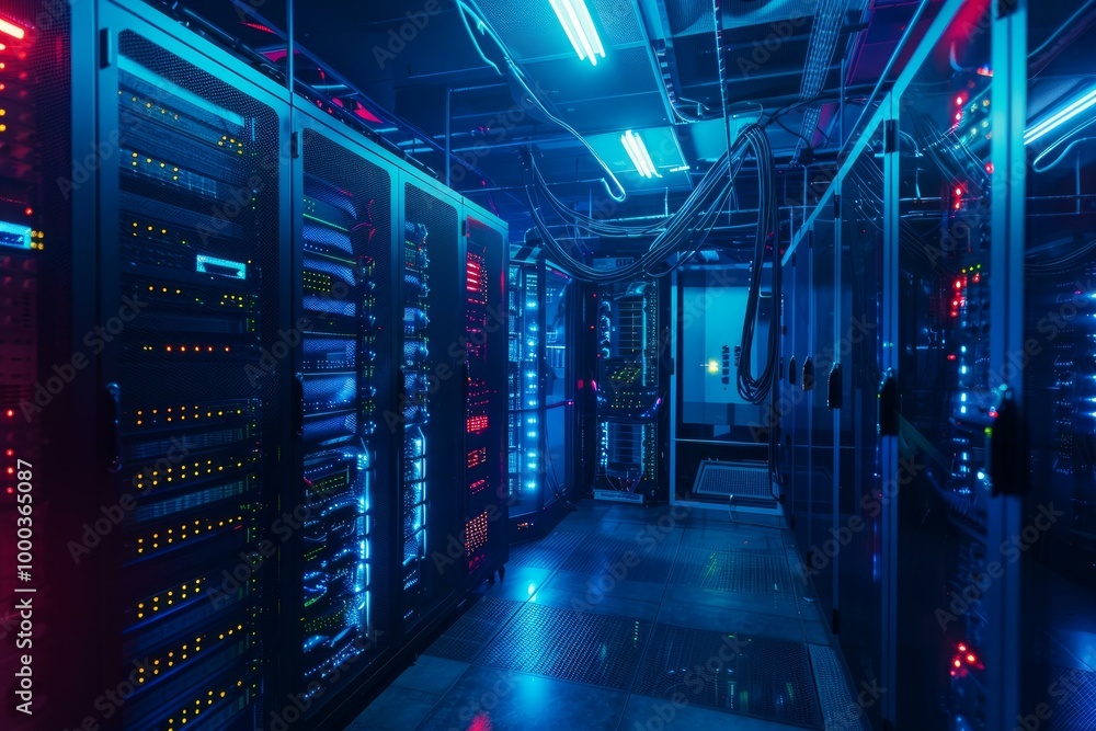 Poster modern server room with racks flashing led lights in data center