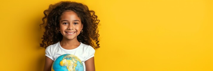 Smiling Young Girl Holding Globe Against Vibrant Yellow Background