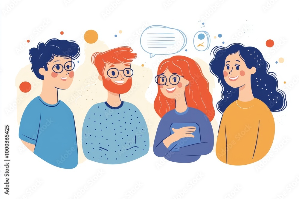 Poster group of animated characters having a friendly conversation symbolizing social interaction camarader