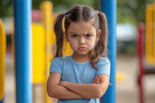Young girl frowning with crossed arms at playground, expressing frustration in a casual outfit outdoors - Powered by Adobe