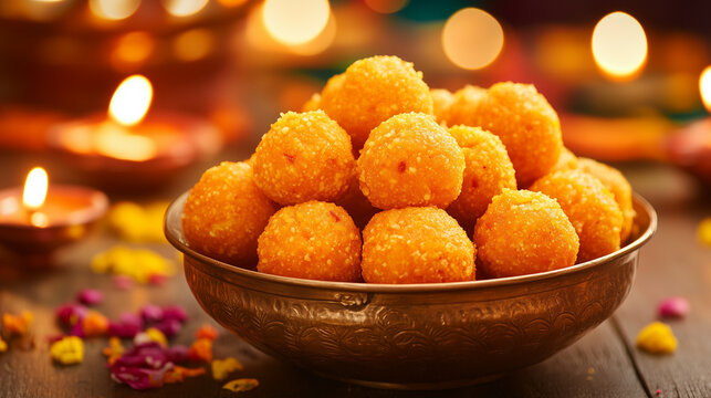 Golden Bowl of Laddus for Diwali and Karwachauth celebration, Motichur Laddu