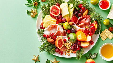 Festive Holiday Charcuterie Board with Meats, Cheese, Fruits, and Christmas Decorations on light green Background