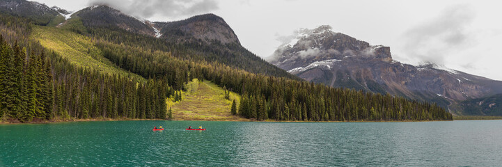 A stunning summer time day at Emerald Lake in Yoho National Park, British Columbia with unreal,...