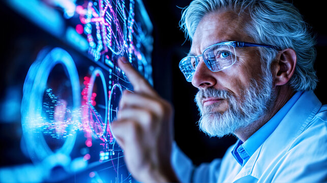 Elderly Scientist Analyzing Data on Futuristic Digital Screen in High-Tech Laboratory