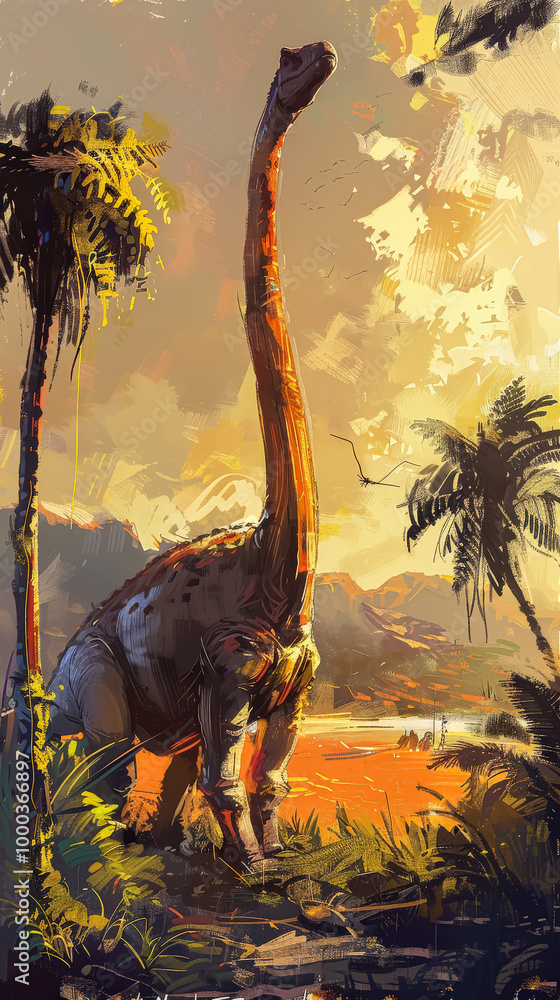 Poster large dinosaur is standing in a jungle with trees and palm trees. the dinosaur is surrounded by a lu