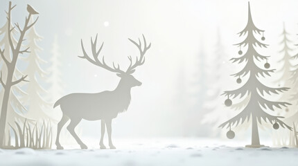Minimalist Winter Scene with Deer in Snowy Forest - Paper Art Style, Holiday Decoration