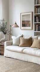 Cozy Living Room Featuring a Modern Bookshelf and Electric Lamp photo