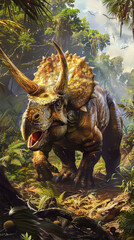 Fototapeta premium Large dinosaur with a horn on its head is walking through a jungle. The scene is full of life and energy, with birds flying overhead and trees surrounding the dinosaur