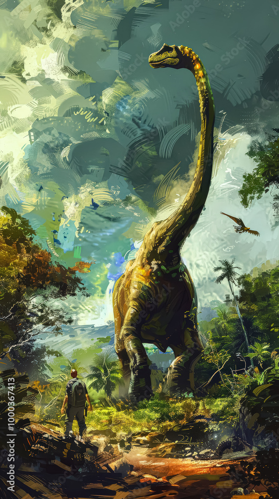 Poster large dinosaur is standing in a jungle with trees and palm trees. the dinosaur is surrounded by a lu