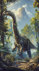 Large dinosaur is standing in a jungle with trees and palm trees. The dinosaur is surrounded by a lush green forest and the sky is filled with clouds. The scene is peaceful and serene