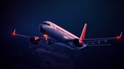 Airplane flying through the night sky.